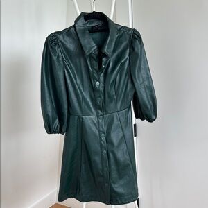 en saison Green Pleather Dress with Puff Sleeves and Pockets